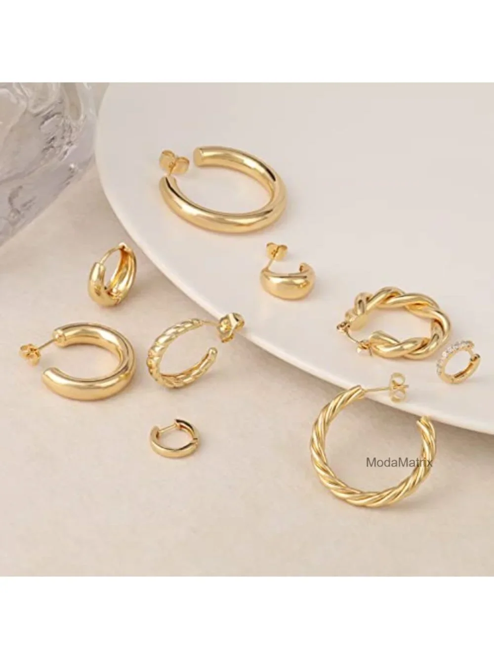 Chunky Twisted Huggie Hoop Earrings Set 14K Gold Plated Hypoallergenic